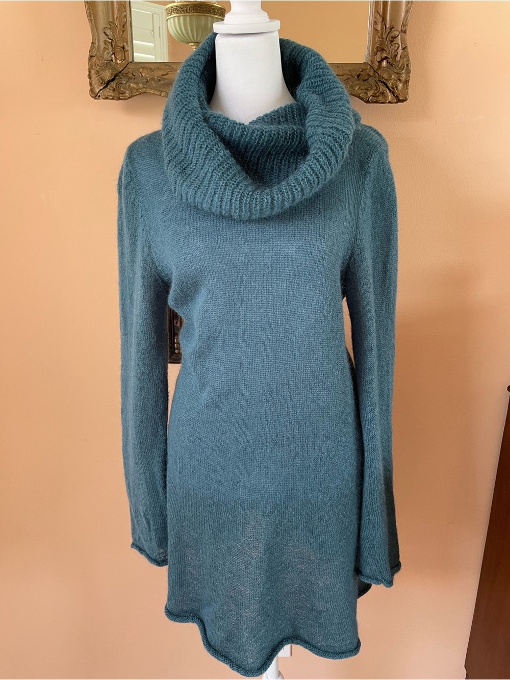 Cozy Teal Cowl Neck Wool Acrylic Women's Sweater Dress  Med